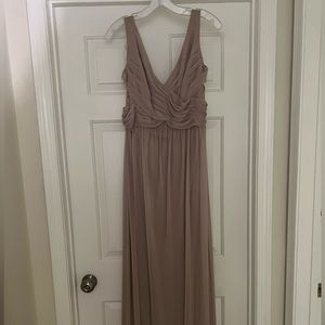 David’s Bridal Long Mesh dress with back cowl detail in biscotti. Size 18.